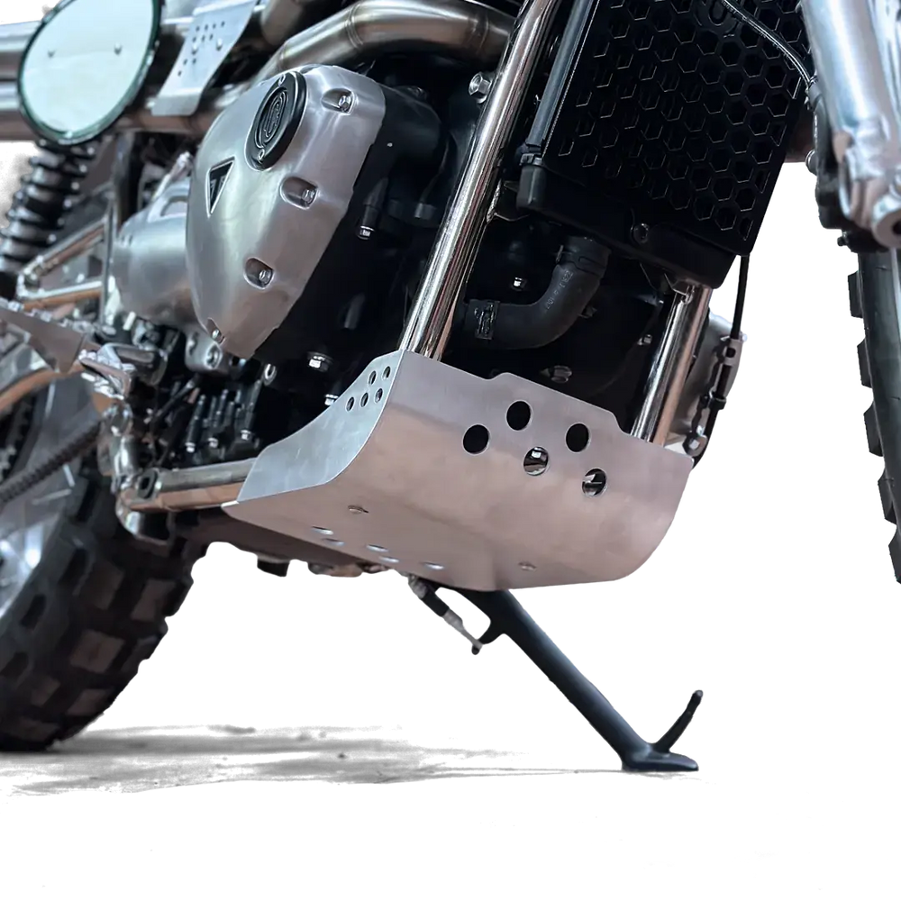Sabot moteur Triumph installé protection bas moteur FCR Accessoires look off-road scrambler