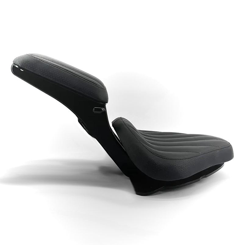 Selle Deux Places BMW R18 FCR Original - vue de profil, selle conducteur et passager sur platine aluminium noire