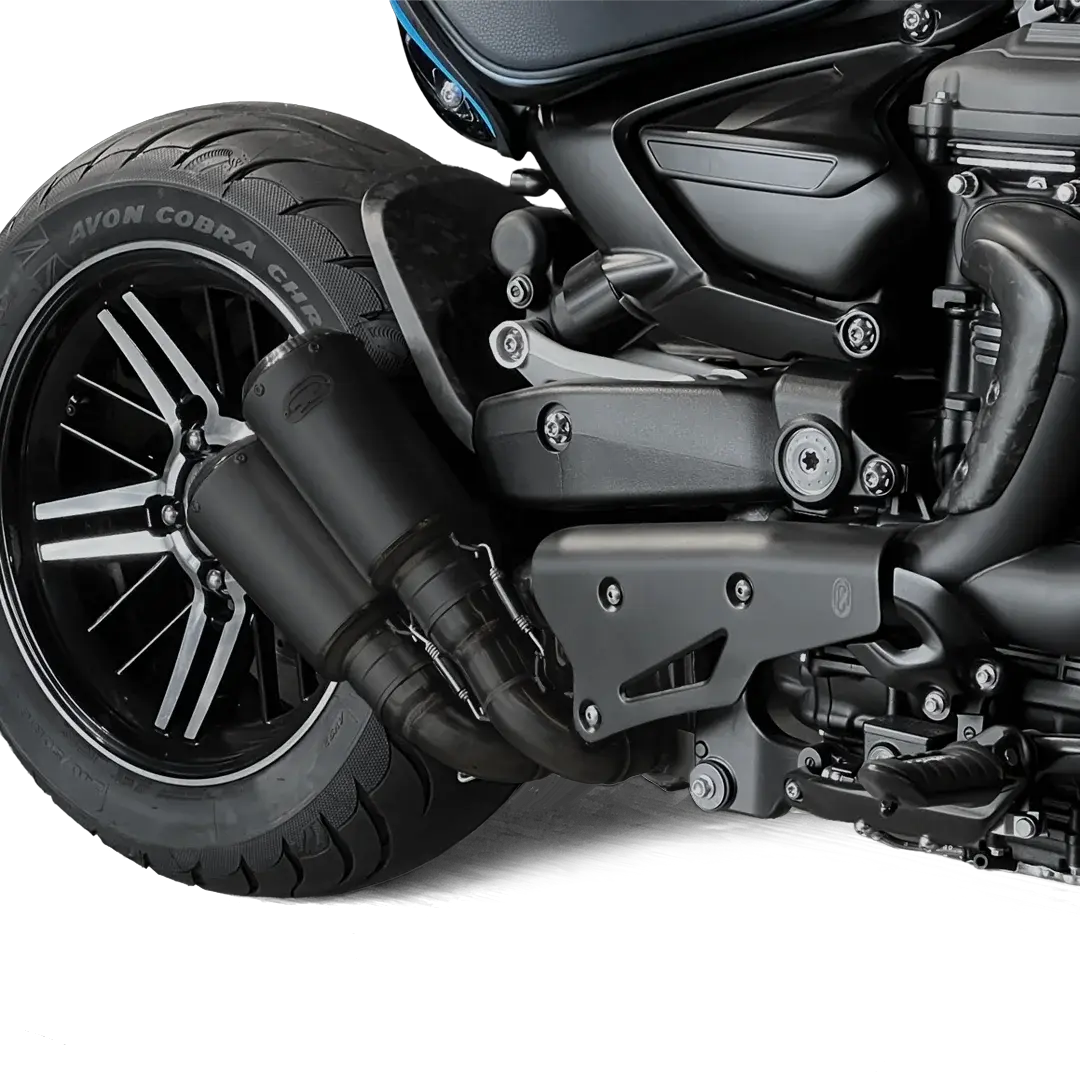 Double silencieux FCR Accessoires monté sur Rocket 3, version noir mat Cerakote