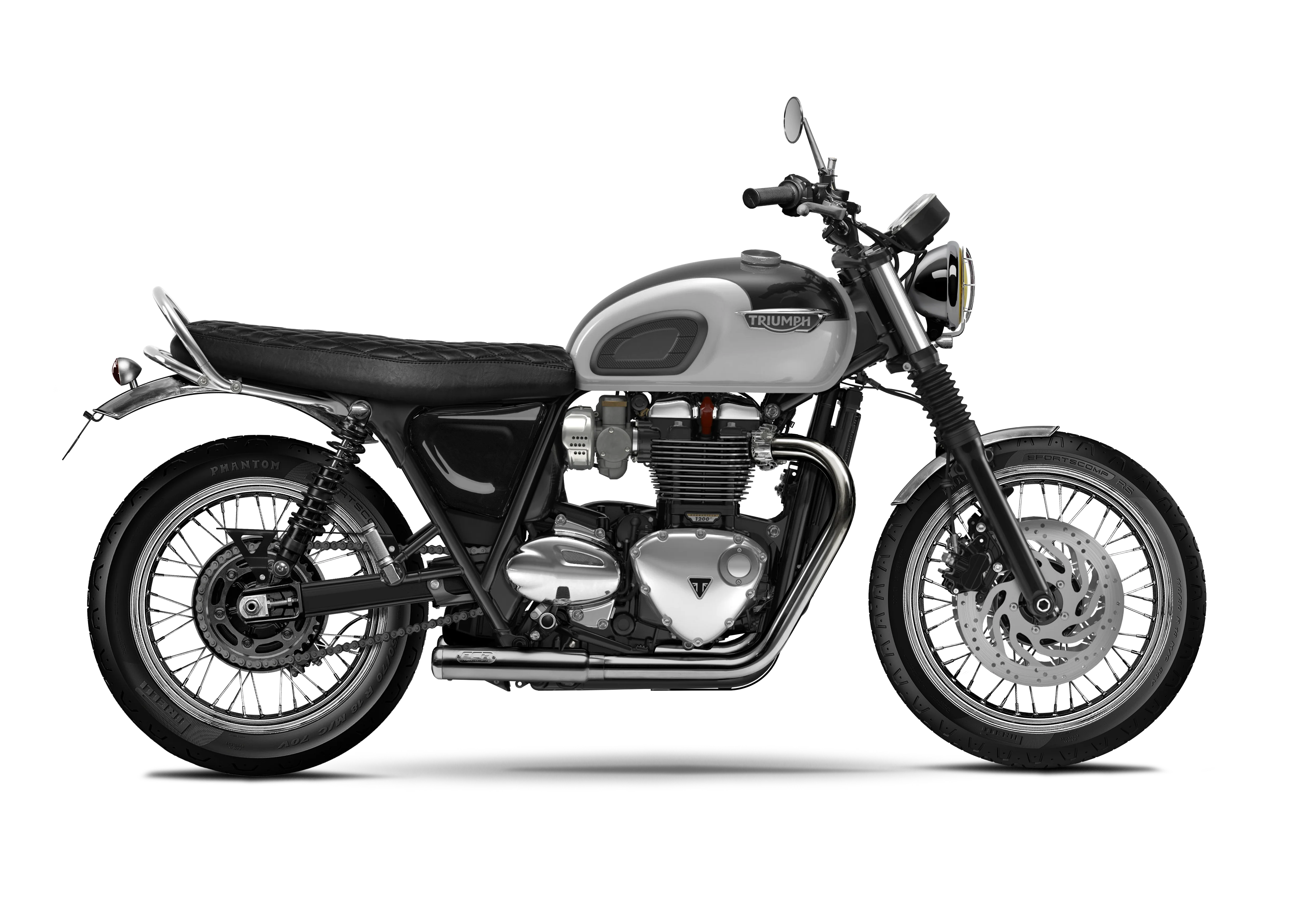 Moto Triumph Bonneville T120 1200 préparée avec les pièces FCR Accessoires dont le Phare Vintage Bates pour Triumph