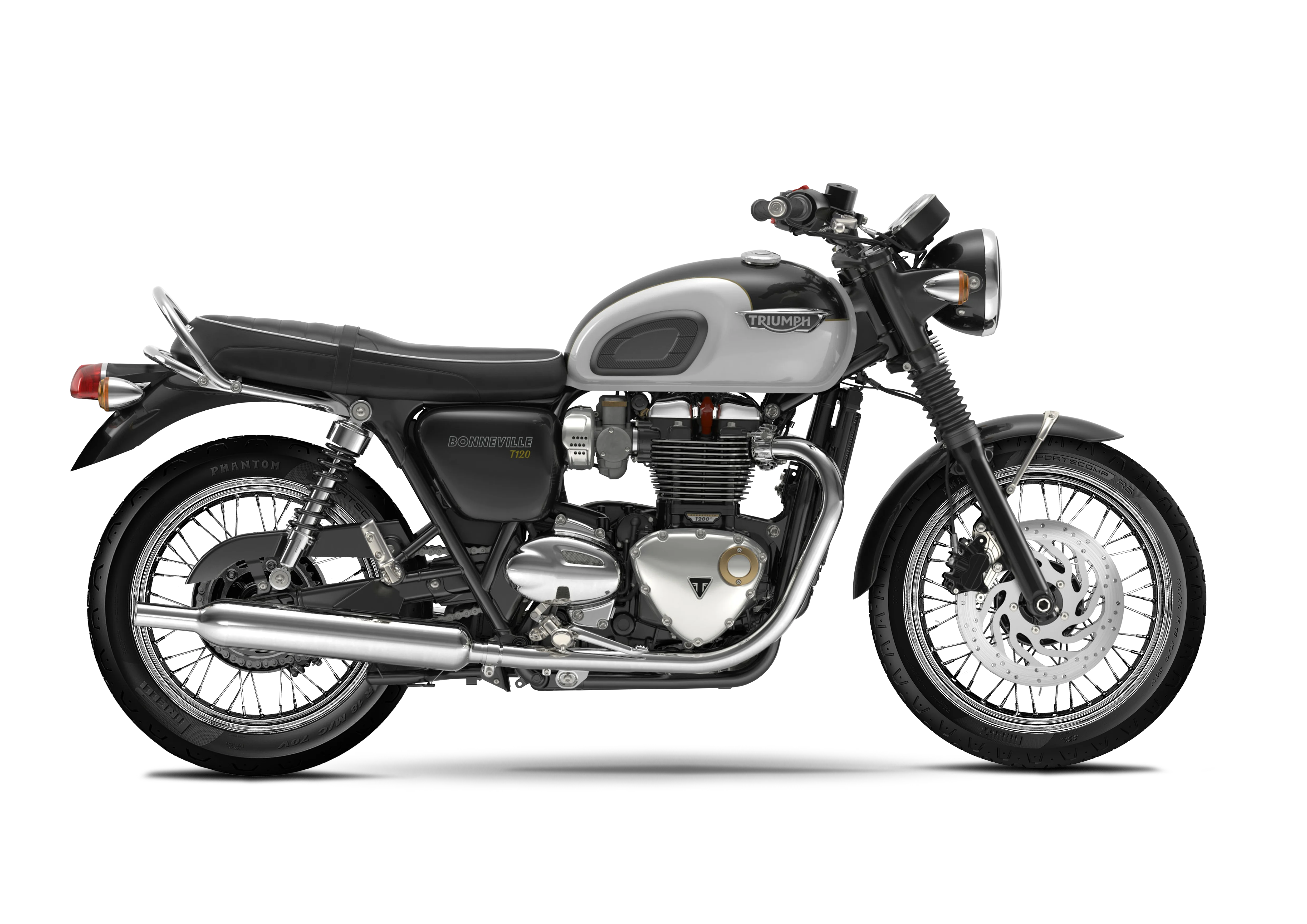 Triumph Bonneville T120 d’origine avec configuration stock et ligne d’échappement standard.
