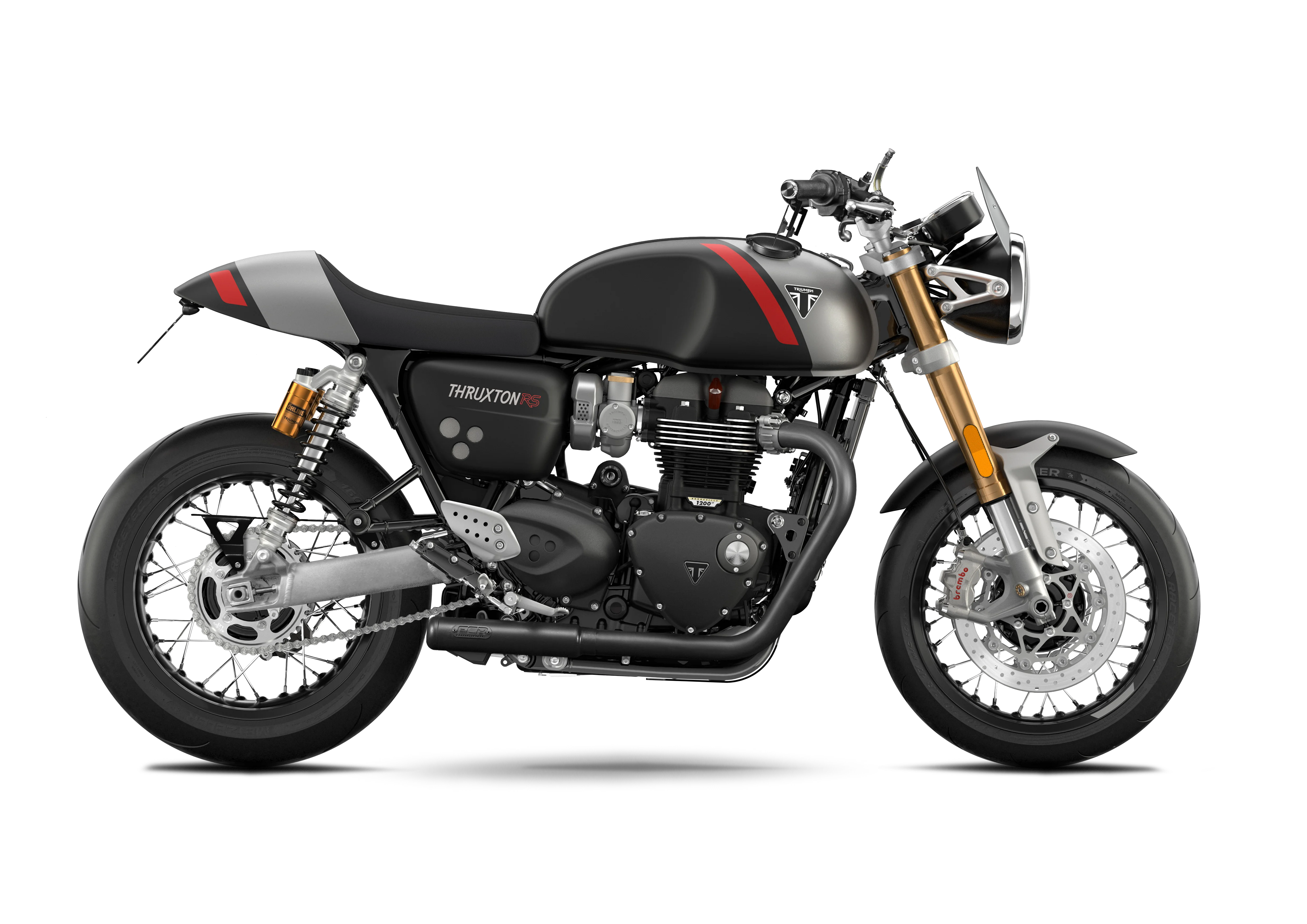 Triumph Thruxton RS préparée avec kit FCR Accessoires, sabot moteur, grille de radiateur et protection de chaîne, vue latérale