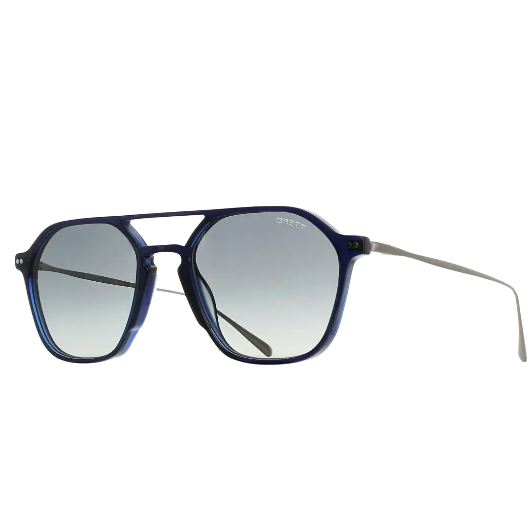 Lunettes soleil moto Brett Vic Sun Bleu Argent - vue trois quarts signature bleue sophistiquée